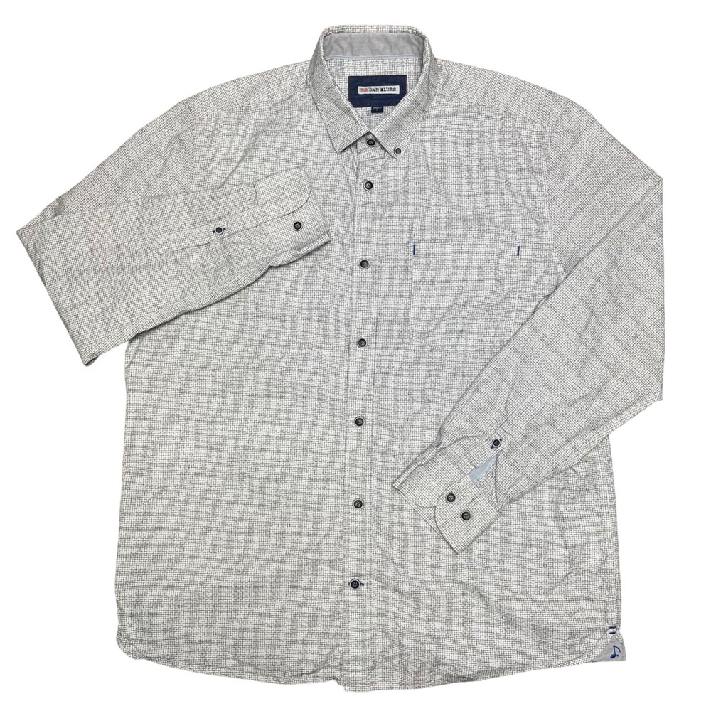 32 Bar Blues Button Down Shirt Mens Large White Navy Micro Grid Long Sleeve